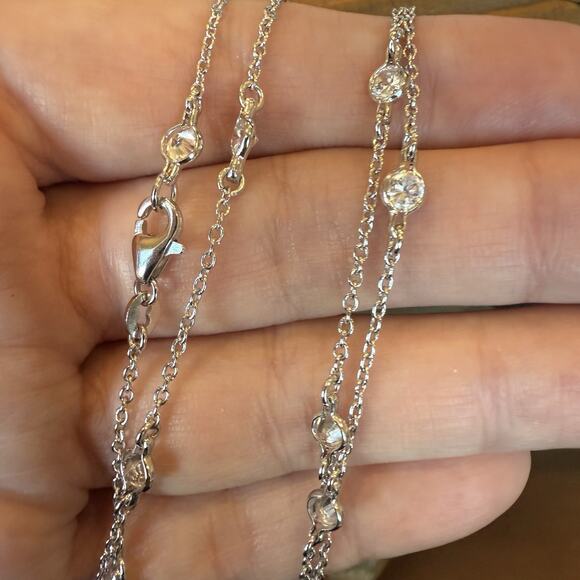Elegant Sterling Silver 925 Chain With 25 Round CZ Station Set Stones. 36” Long - Picture 2 of 5